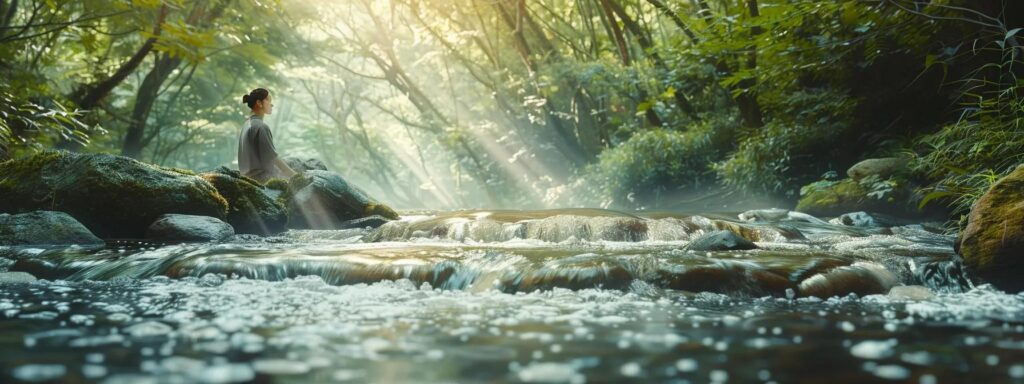 a serene nature setting bathed in soft pastel hues, featuring a figure gazing hopefully at a gently flowing river, symbolizing the healing journey of recovery through mental health and addiction support.