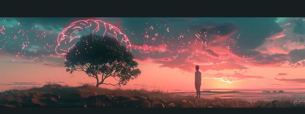 a serene nature setting illuminated by soft, pastel hues showcases a lone figure gazing toward a vibrant horizon, symbolizing hope and recovery from anxiety, with subtle outlines of a heart and brain intertwining in the background.