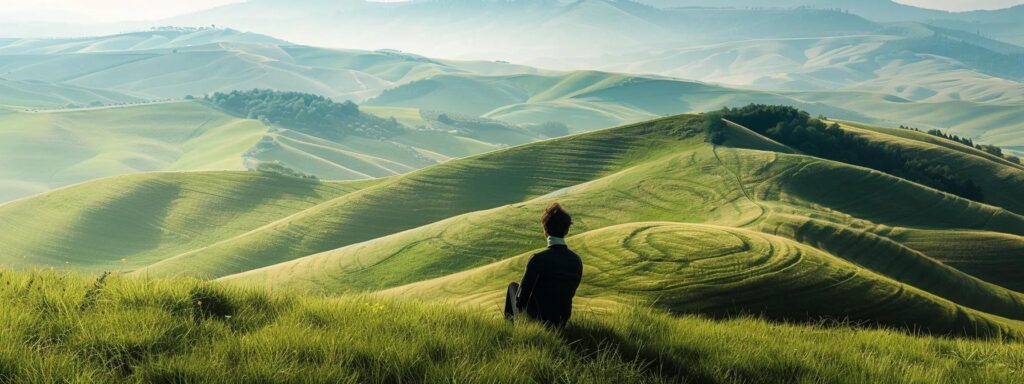 a serene nature setting with a person gazing out at soft green hills, surrounded by calming blues and pastels, symbolizing hope and healing in their journey towards mental health recovery.