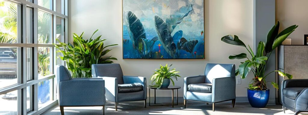 a serene therapy office bathed in natural sunlight features calming blue and grey seating, lush indoor plants, and abstract art, creating a warm and welcoming atmosphere that embodies empowerment and tranquility.