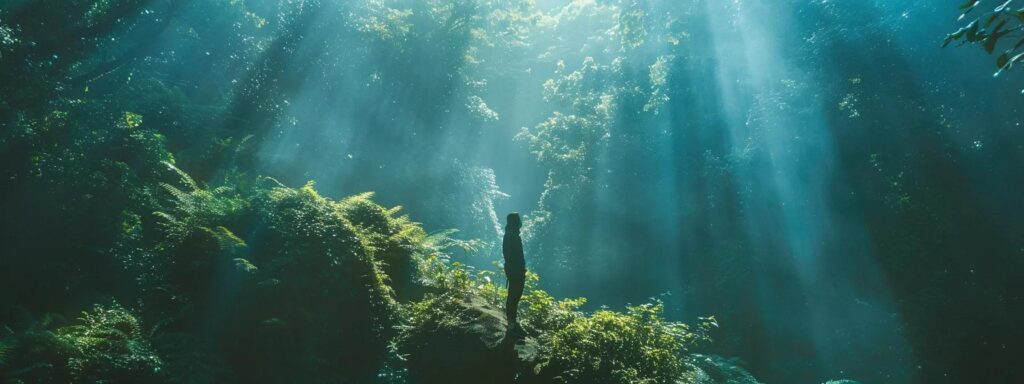 a serene, uplifting scene of a person standing amidst a tranquil nature setting, gazing upwards with a sense of hope, surrounded by soft blues and greens, symbolizing recovery and emotional well-being.