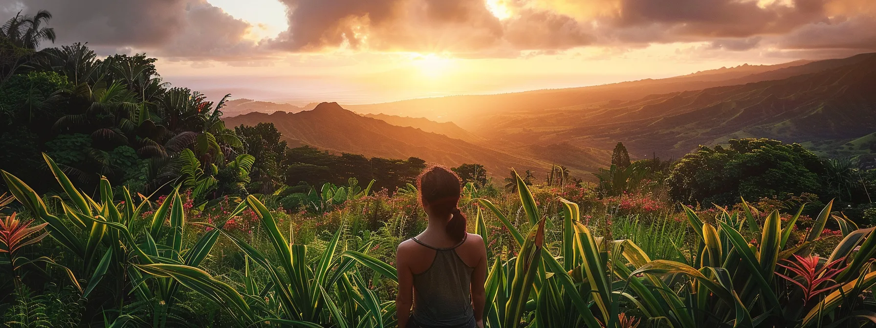 a serene landscape in hawaii featuring a person gazing towards the horizon, surrounded by lush greenery and vibrant blooms, symbolizing hope and recovery, with subtle imagery of a heart and brain merging into the tranquil sky.