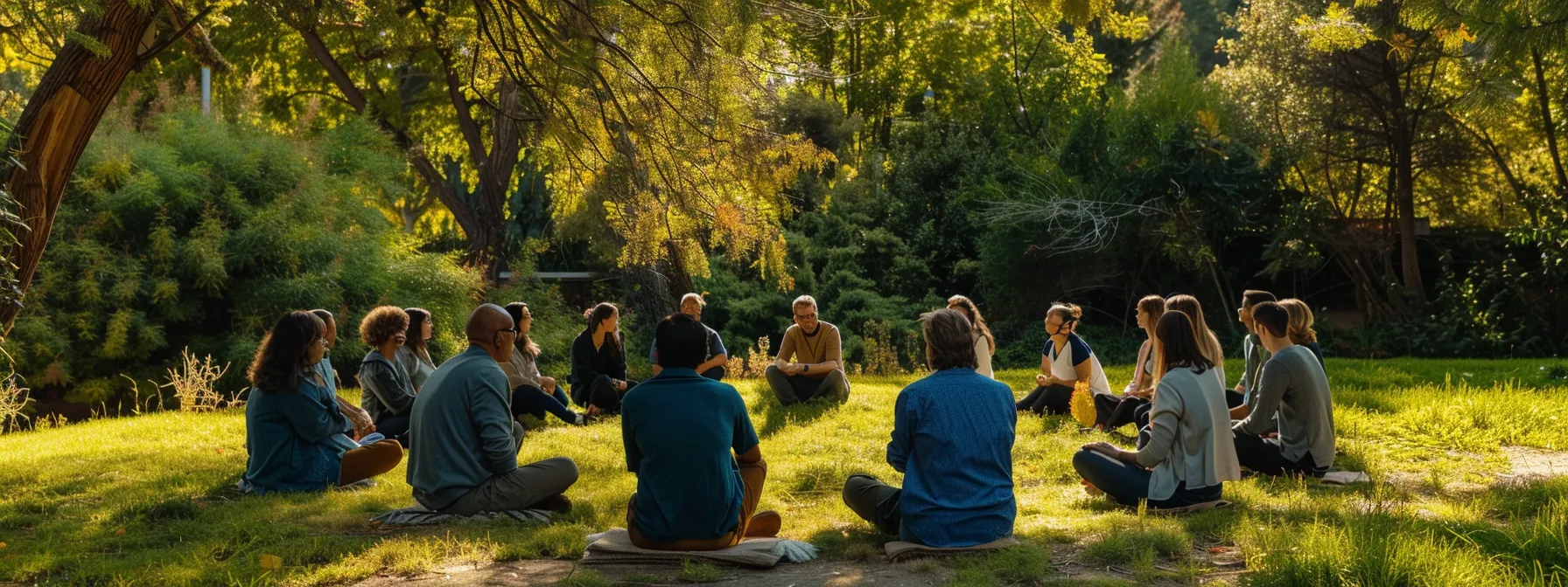 a serene nature setting with a diverse group of individuals sitting in a circle, sharing their experiences, surrounded by calming shades of blue and green, symbolizing hope and emotional healing in the context of anxiety therapy.