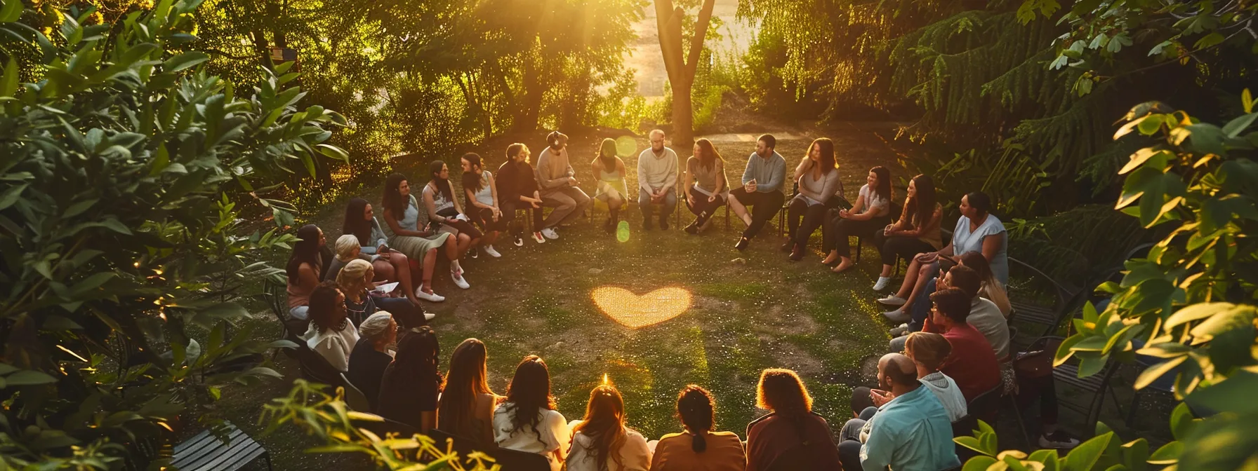 a serene outdoor support group gathering amidst vibrant green trees, where individuals share stories of healing and hope, symbolized by a glowing heart at the center, evoking a sense of community and compassion in soft pastel colors.