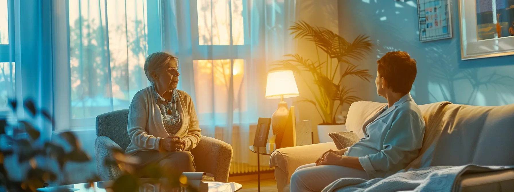 a comforting office consultation scene features a compassionate mental health professional engaging with a patient, surrounded by soft blue and pastel decor that evokes a sense of hope and peace, symbolizing support for those navigating seasonal affective disorder.