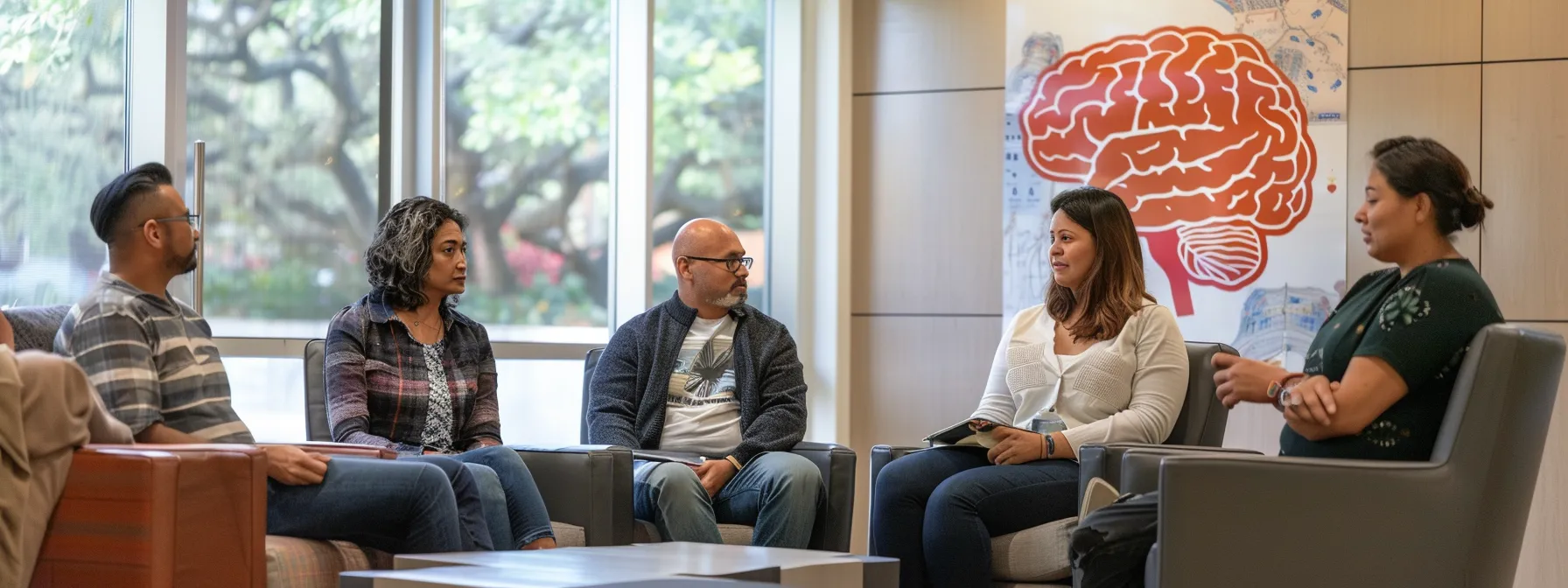 a compassionate support group session unfolds in a modern, warmly lit office setting, featuring diverse individuals engaged in deep conversation, with visual metaphors of healing represented by a serene brain and heart graphic on the wall, conveying hope and commitment to effective relapse prevention strategies.