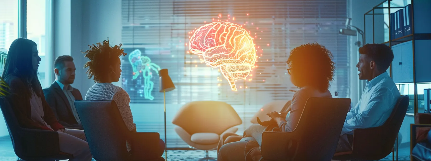 a compassionate support group session unfolds in a modern, softly lit office space, featuring diverse individuals engaged in heartfelt discussion, symbolizing the journey of recovery from depression, with mental health motifs like a stylized brain and heart subtly integrated in the background.