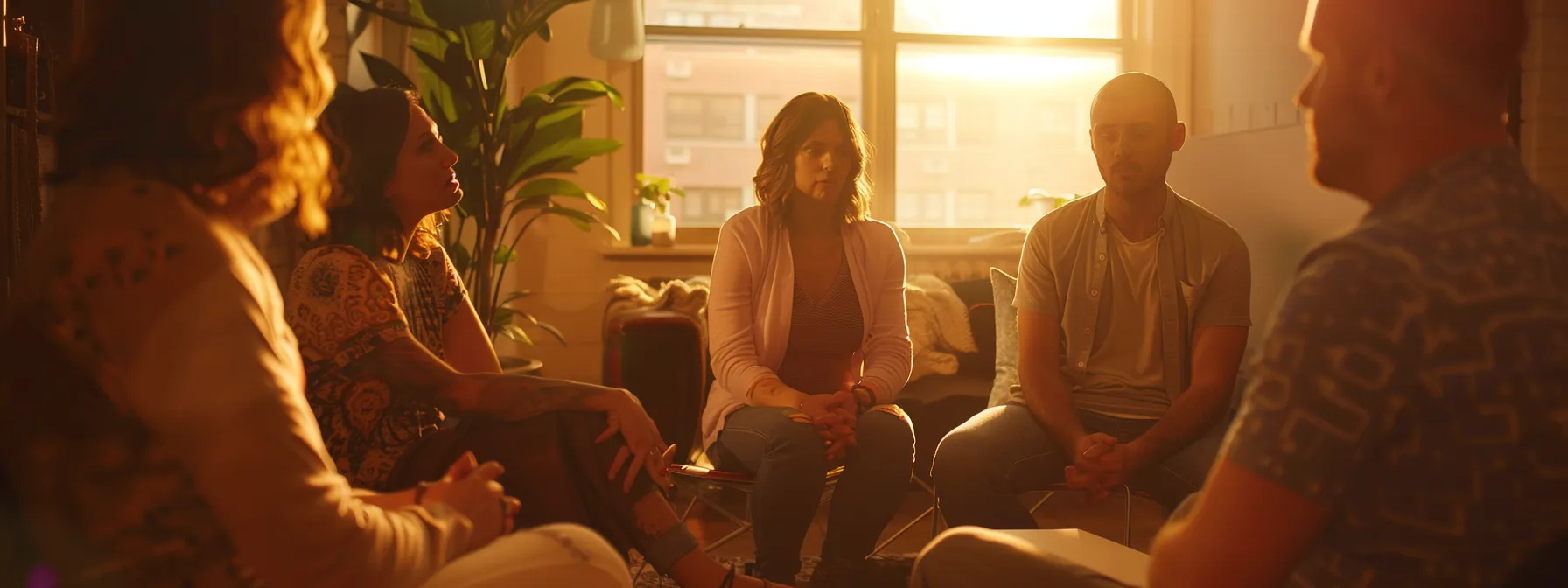 a compassionate support group gathered in a softly lit urban therapy room, with diverse individuals sharing their experiences of treatment-resistant depression, conveying a sense of hope and community through empathetic expressions and meaningful dialogue.