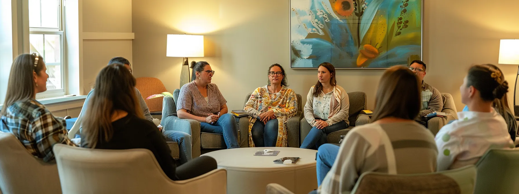 a compassionate therapy session unfolds in a modern, softly lit counseling room where a diverse group of individuals engages in a supportive discussion, symbolizing the journey of mental health recovery and connection through warmth and understanding.
