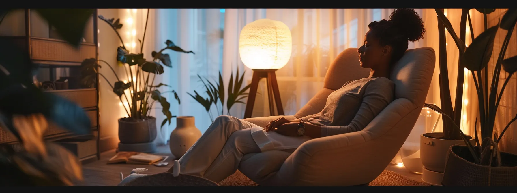 a cozy, modern therapy room featuring a thoughtful individual seated on a plush chair, surrounded by warm, muted decor and soft lighting, as they engage in mindfulness practices, symbolizing hope and emotional well-being in managing seasonal affective disorder.