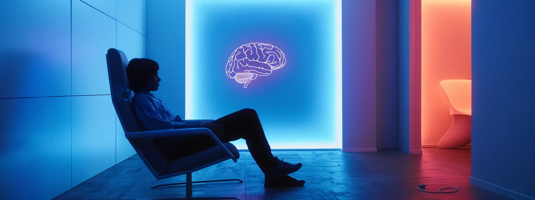 a dimly-lit therapy room features a person sitting thoughtfully in a modern chair, surrounded by calming pastel colors and abstract representations of a brain and heart on the walls, symbolizing a safe space for innovative mental health treatments and recovery.