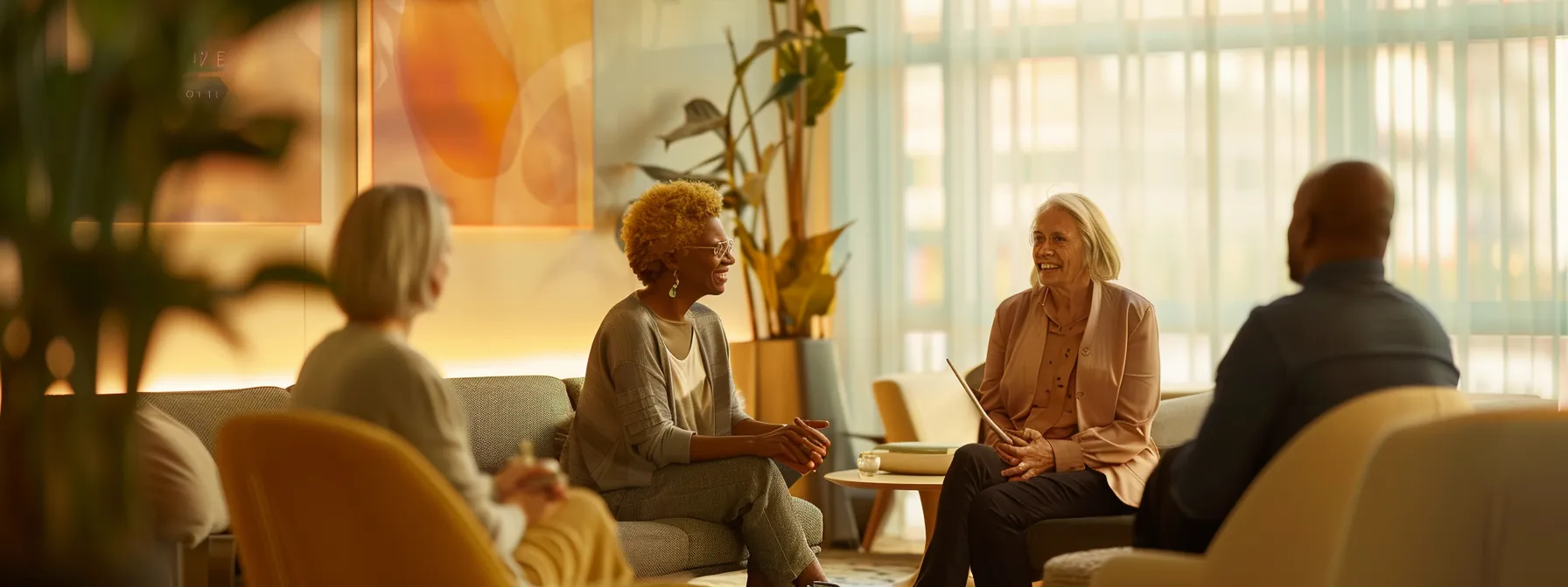a focused and compassionate support group session within a modern, well-lit therapy room, where individuals share their stories, symbolizing the journey towards accurate diagnosis and healing in mental health treatment, with warm tones and comforting decor enhancing the atmosphere of trust and empathy.