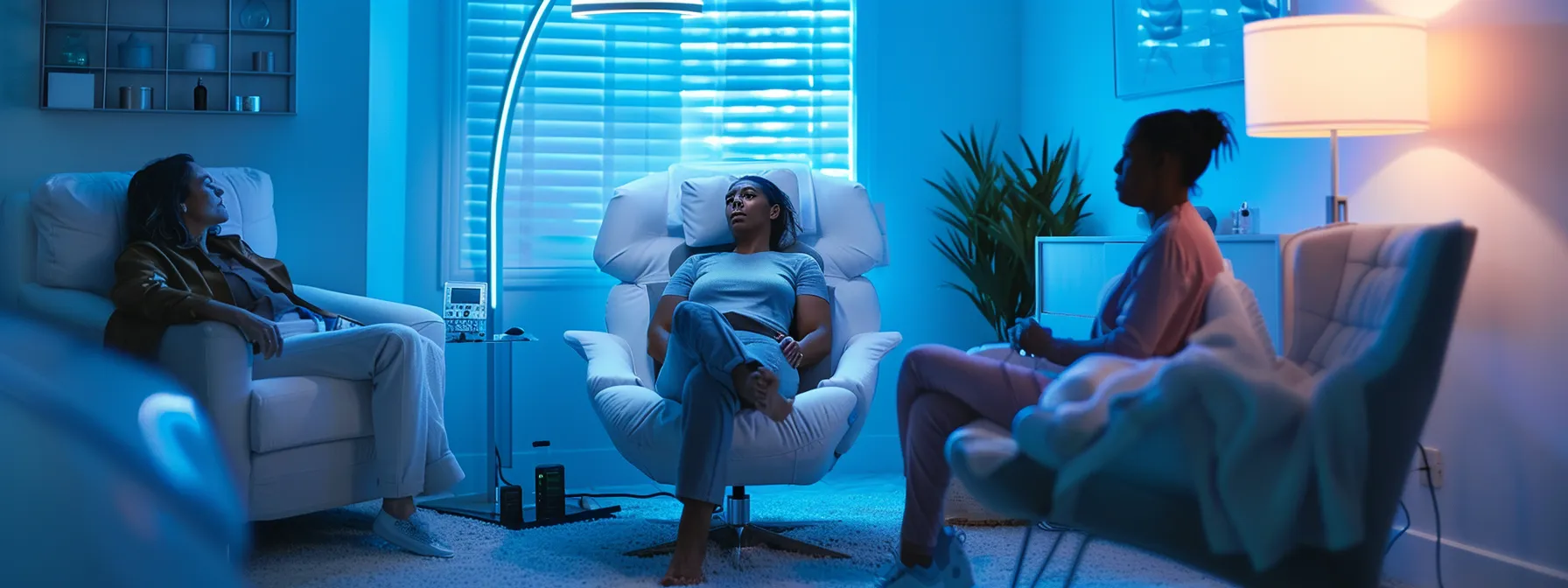 a focused scene within an inviting therapy room, featuring a thoughtful somatic therapist engaging with a client using modern biofeedback equipment, where calming blues and soft pastels create a serene atmosphere that symbolizes support and healing.