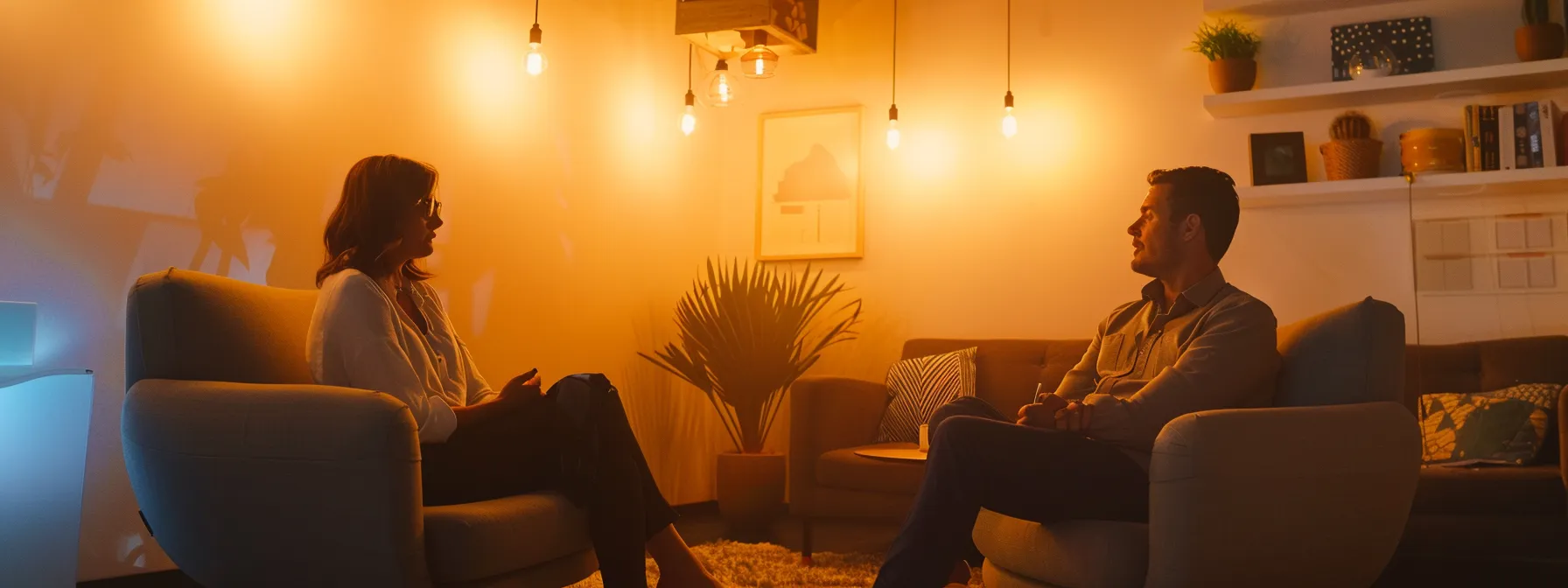 a focused therapist and a patient engage in a supportive dialogue within a modern therapy room, surrounded by calming decor and soft lighting to symbolize the journey towards overcoming mental health barriers.