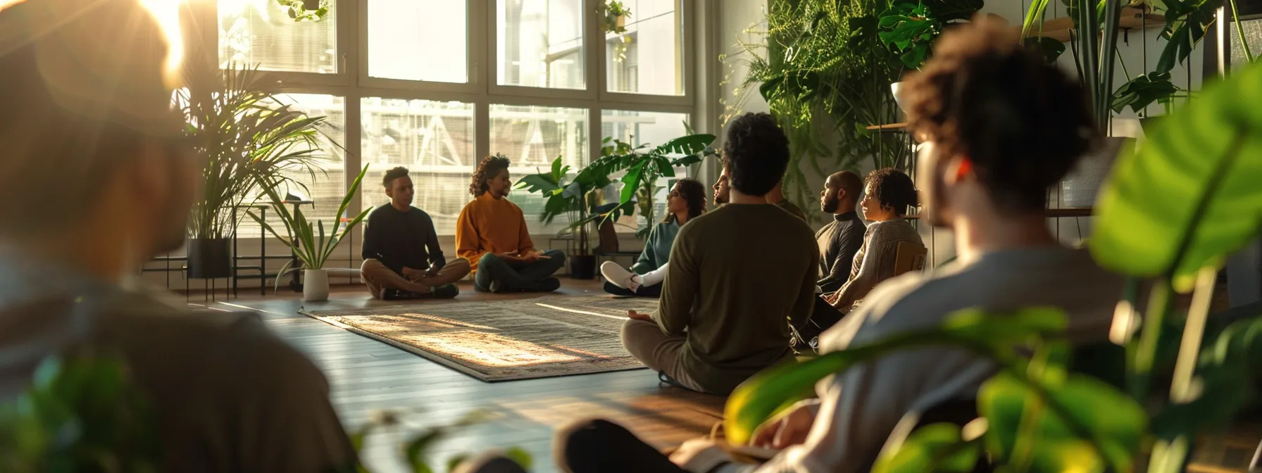 a focused therapy session unfolds in a modern, softly lit office, where a diverse group of individuals engages in breathwork, the air alive with a sense of calm and connection, symbolizing hope and recovery through their shared journey toward emotional well-being.