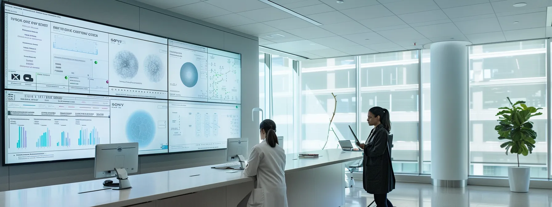 a modern, sleek office space features a large screen displaying intricate diagnostic tools and genetic testing information, with a thoughtful professional engaged in a discussion, embodying the future of anxiety disorder diagnosis and treatment.