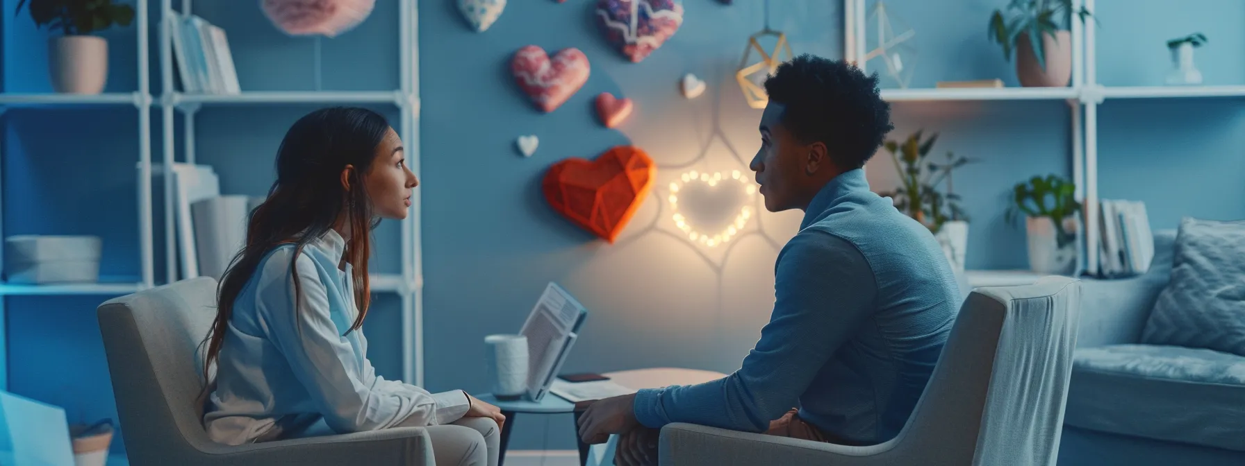 a modern therapy room filled with soft, soothing colors features a thoughtful individual sitting across from a compassionate clinician, symbolizing personalized mental health treatment through a visual focus on a brain model and a heart-shaped decoration, conveying hope and progress in recovery.