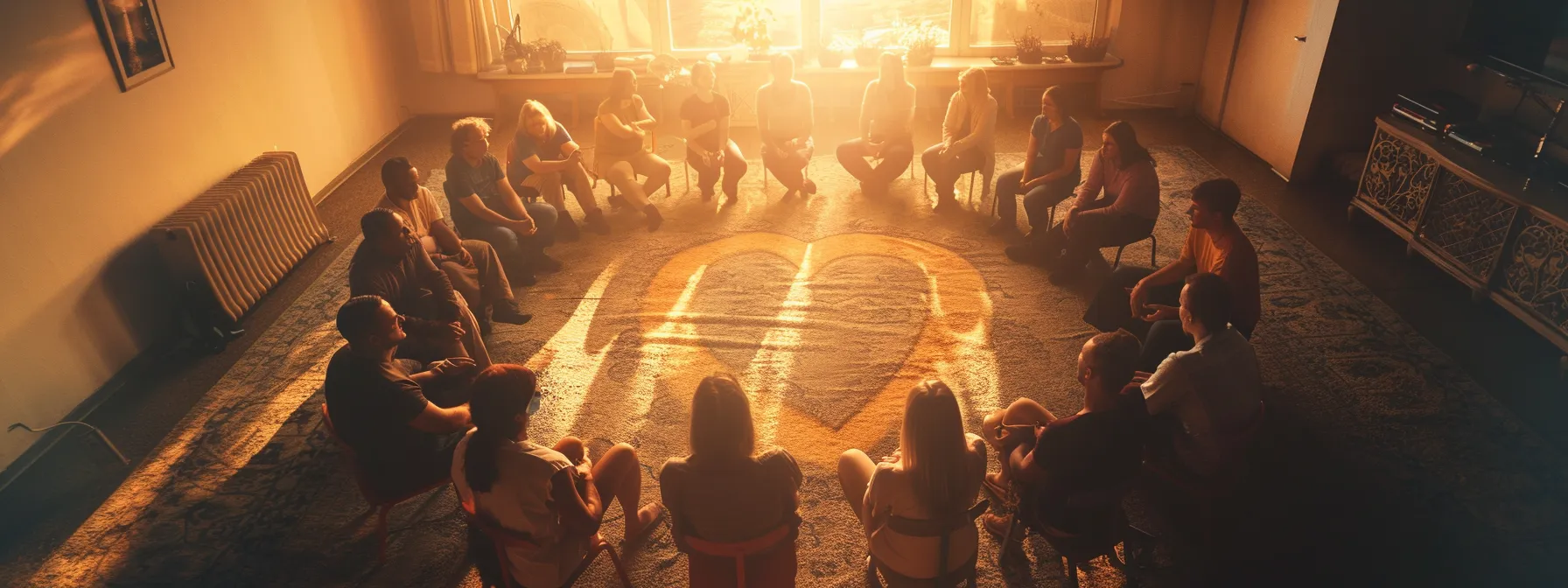 a serene indoor support group setting with diverse individuals gathered in a circle, radiating warmth and empathy, as they share their experiences of recovery, surrounded by soft pastel colors and subtle symbols of hope like a heart and brain, conveying a strong sense of healing and community.