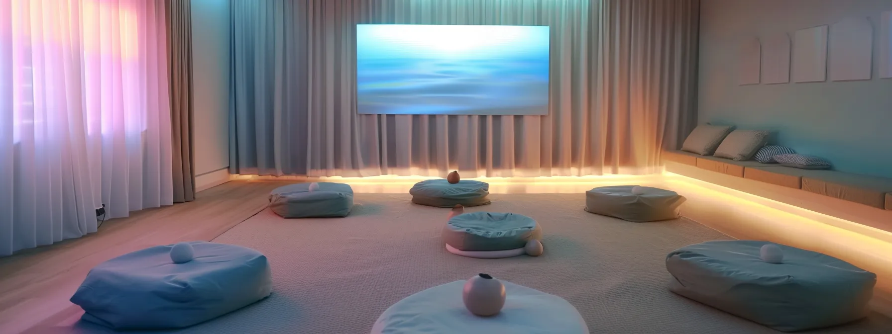 a serene indoor therapy room adorned with calming pastel hues displays a supportive circle of individuals engaged in a somatic therapy session, emphasizing connection, healing, and emotional well-being.
