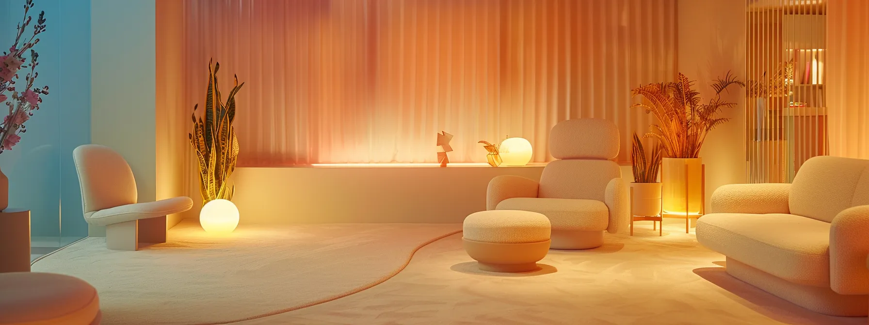 a serene indoor therapy room filled with soft pastel colors, featuring a cozy seating area where an engaged support group is exchanging empathetic glances, symbolizing the collective journey of emotional wellness and the transformative power of cbt in healing anxiety.