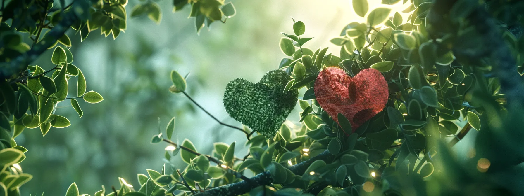 a serene nature setting bathed in soft pastel hues showcases a pair of intertwined hearts symbolizing compassion and healing, while ethereal light filters through lush greenery, embodying the spirit of recovery and emotional well-being.