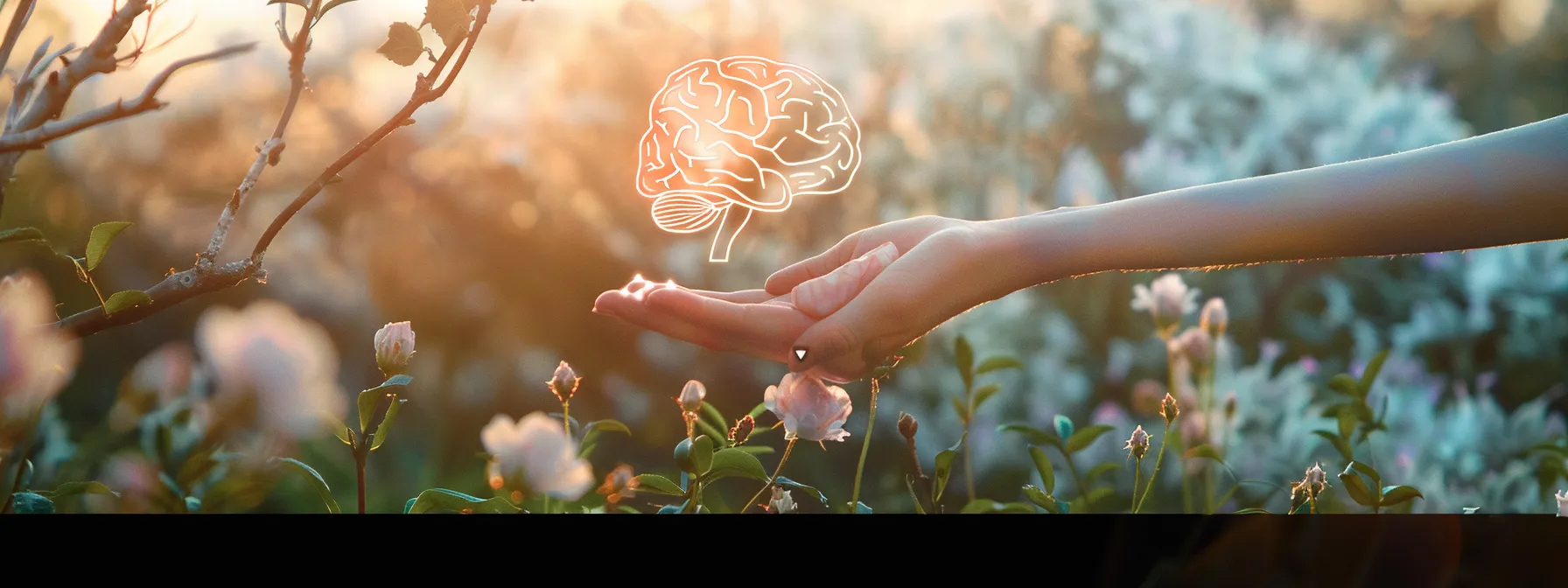 a serene nature setting bathed in soft, pastel light captures a person reaching out with hope, surrounded by symbols of healing like a heart and a brain, evoking an uplifting sense of recovery and compassionate support.