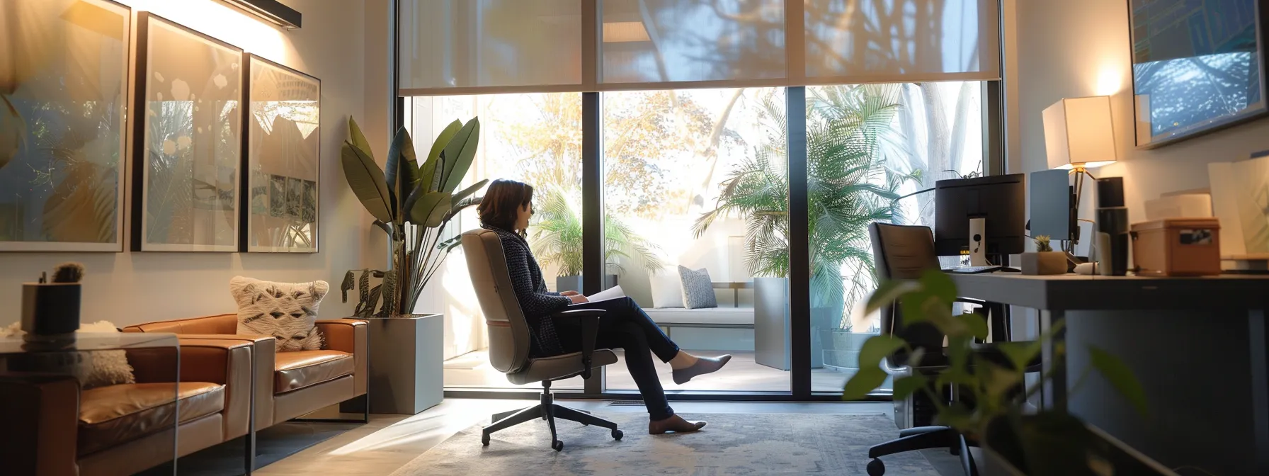 a serene office space captures a focused individual engaged in a thoughtful discussion with a somatic therapist, surrounded by calming decor and soft lighting that conveys a sense of healing and emotional clarity.