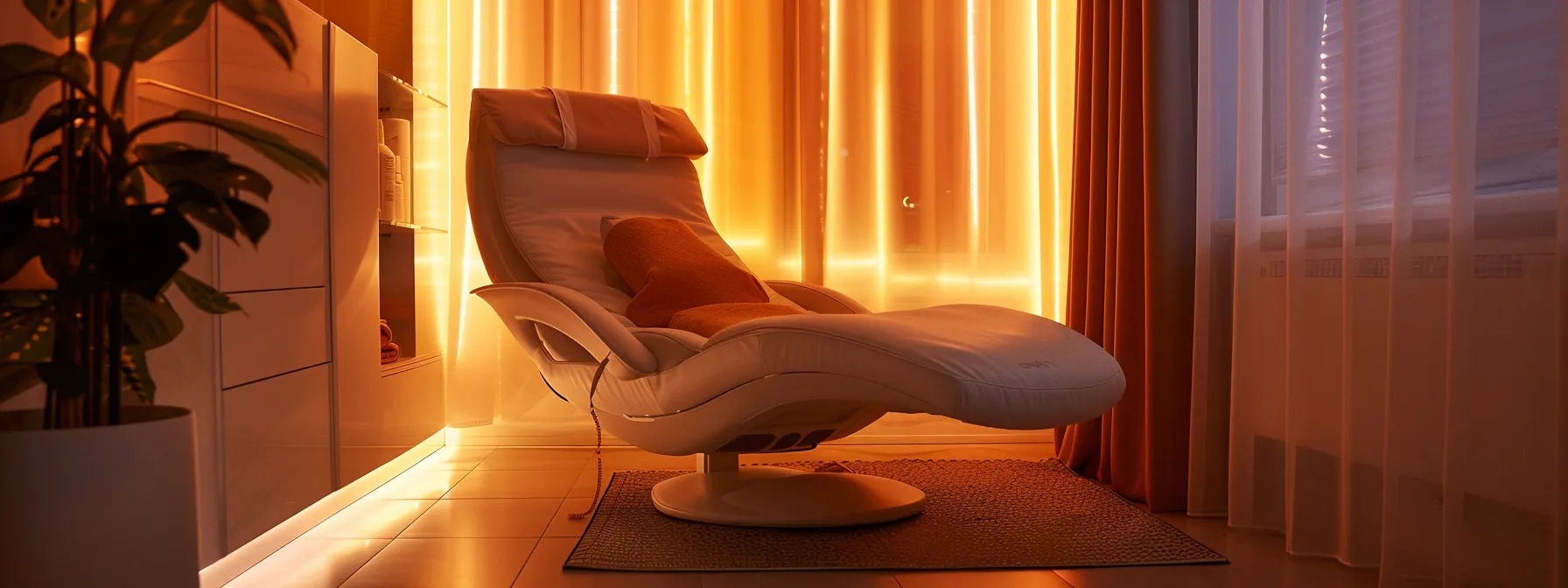 a soothing, modern therapy room bathed in soft, warm light, featuring a comfortable chair and a glowing light therapy device, symbolizing hope and healing for individuals seeking support in managing seasonal affective disorder and overcoming addiction.