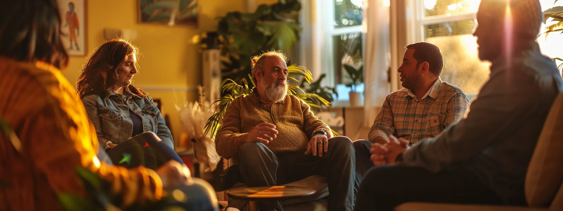 a supportive indoor group therapy setting filled with veterans engaged in compassionate dialogue, warm lighting highlighting their expressions of hope and vulnerability, symbolizing the journey of overcoming mental health barriers and fostering recovery.