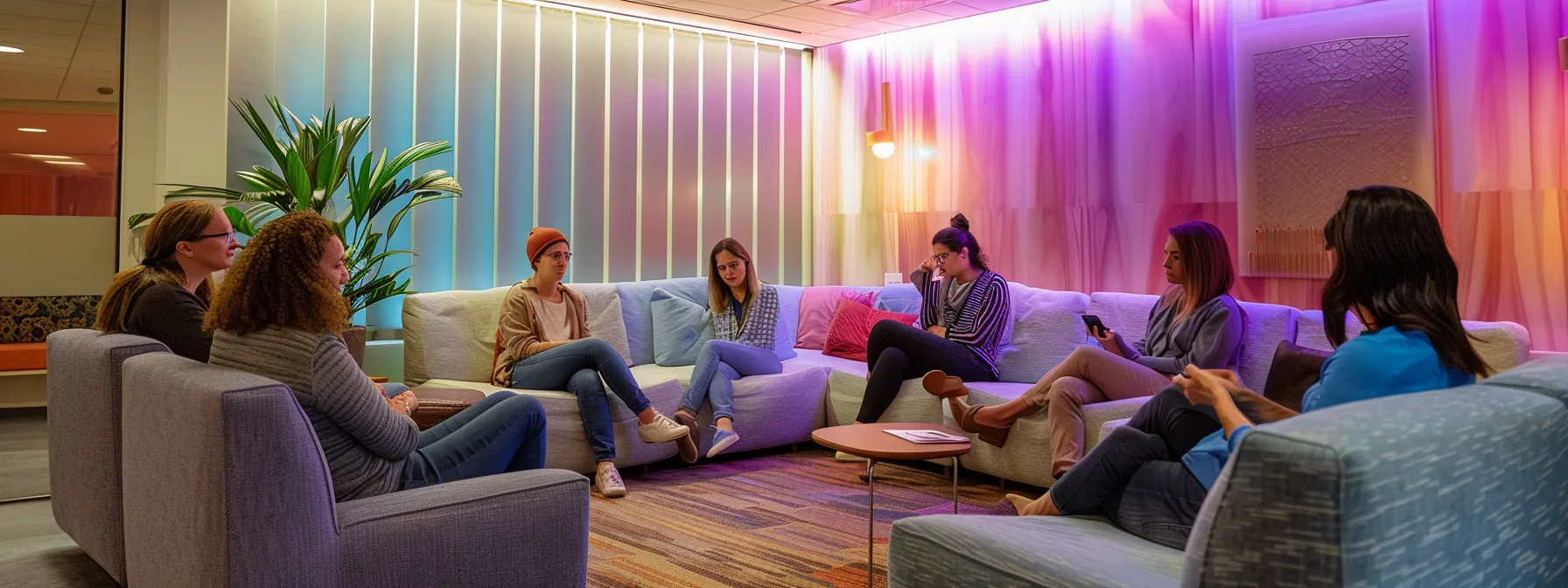 a tranquil therapy room filled with soft, ambient lighting, featuring a cozy seating area where a group of individuals engages in a supportive discussion, symbolizing healing and emotional wellness in the context of anxiety therapy.