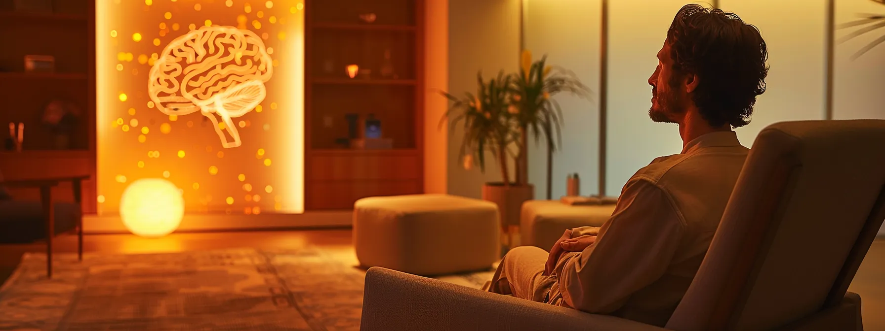 a tranquil therapy room with soft, ambient lighting and comfortable seating, where an individual sits calmly, engaged in a guided somatic therapy session, with gentle symbols of healing like a serene brain and heart subtly integrated into the peaceful decor, reflecting hope and emotional recovery.