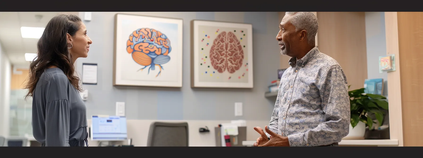 a veteran, standing confidently in a modern therapy room, engages in a supportive dialogue with a counselor, surrounded by calm pastel colors and symbols of healing like a heart and a brain, emphasizing the positive journey of recovery from ptsd.