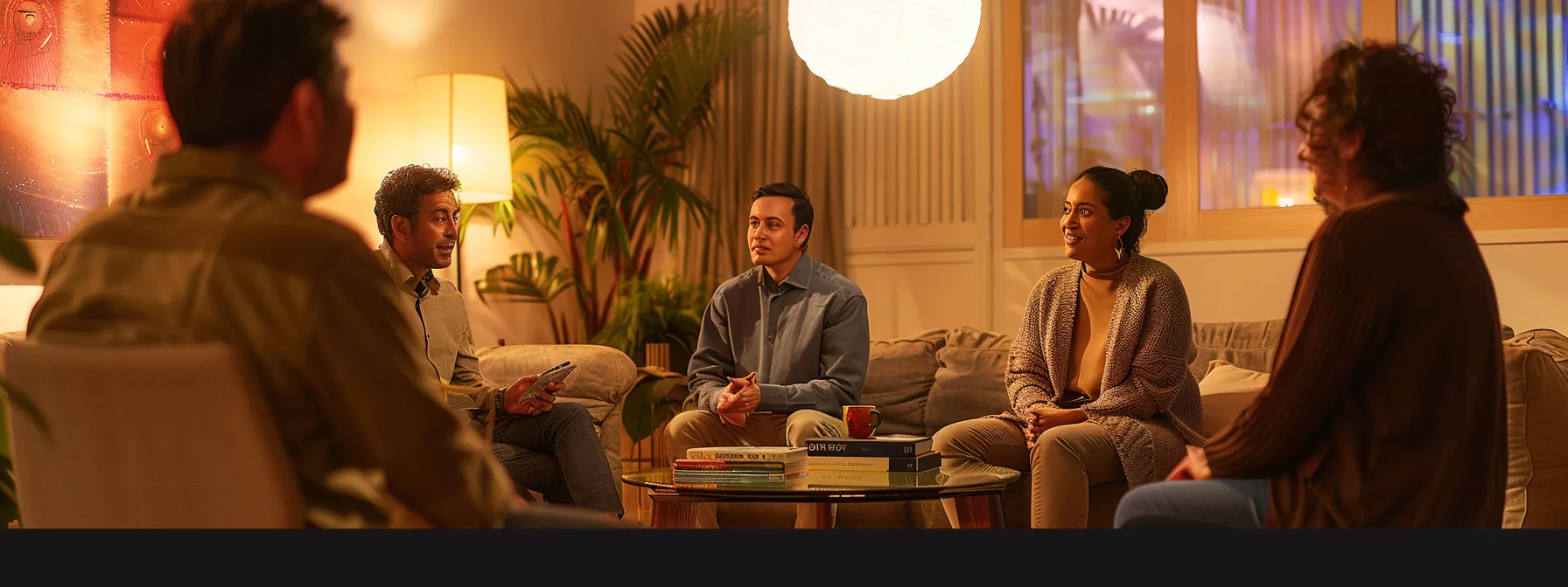 a warm and inviting support group setting, featuring diverse individuals engaged in an uplifting conversation, with a central table displaying recommended cbt books and tools, illuminated by soft, comforting lighting that fosters an atmosphere of hope and emotional wellness.