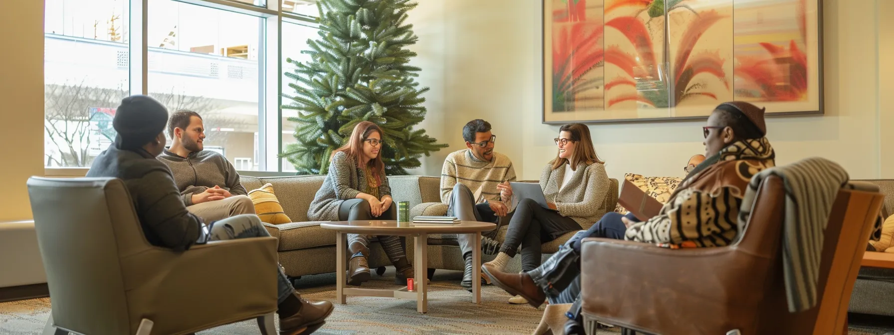 a warm, inviting therapy room with soft, diffused lighting and comfortable seating, where a diverse group of individuals engages in a supportive discussion about coping strategies for seasonal affective disorder, showcasing empathy and connection through meaningful expressions.