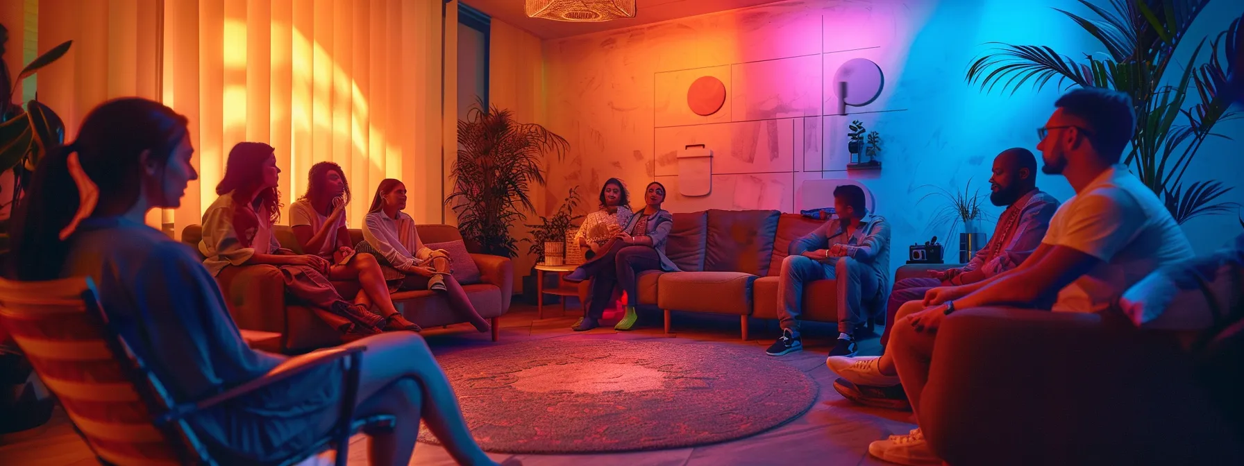 a warm, inviting therapy room illuminated by soft, ambient lighting displays a diverse support group engaged in an empathetic discussion, with mental health symbols subtly incorporated in the decor, reflecting a community-focused approach to overcoming seasonal depression.