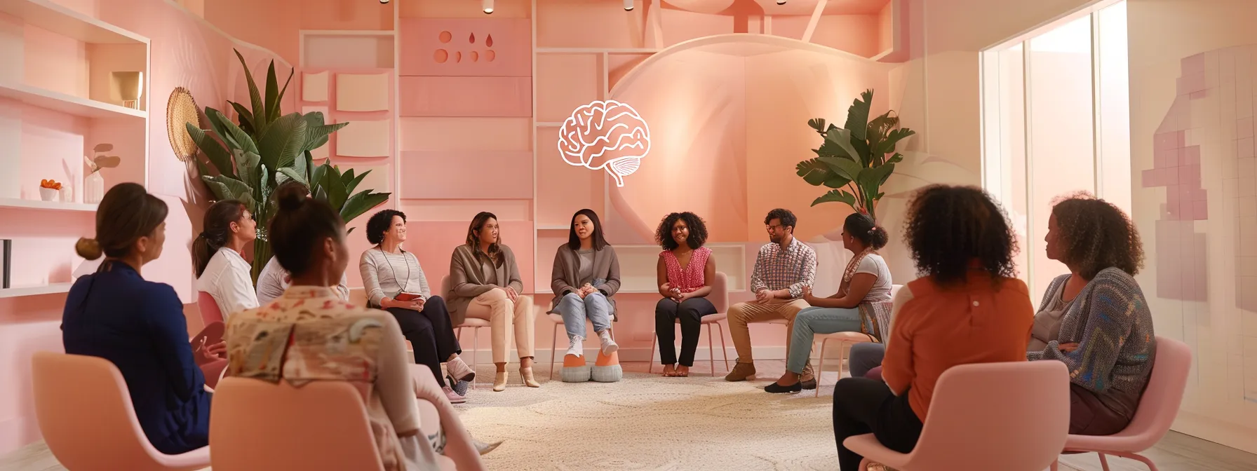 a warm, inviting therapy room filled with soft pastel colors, featuring a diverse group of individuals engaged in an empathetic support circle, showcasing a prominent brain and heart symbol on a nearby wall to emphasize healing and community in the journey of mental health recovery.