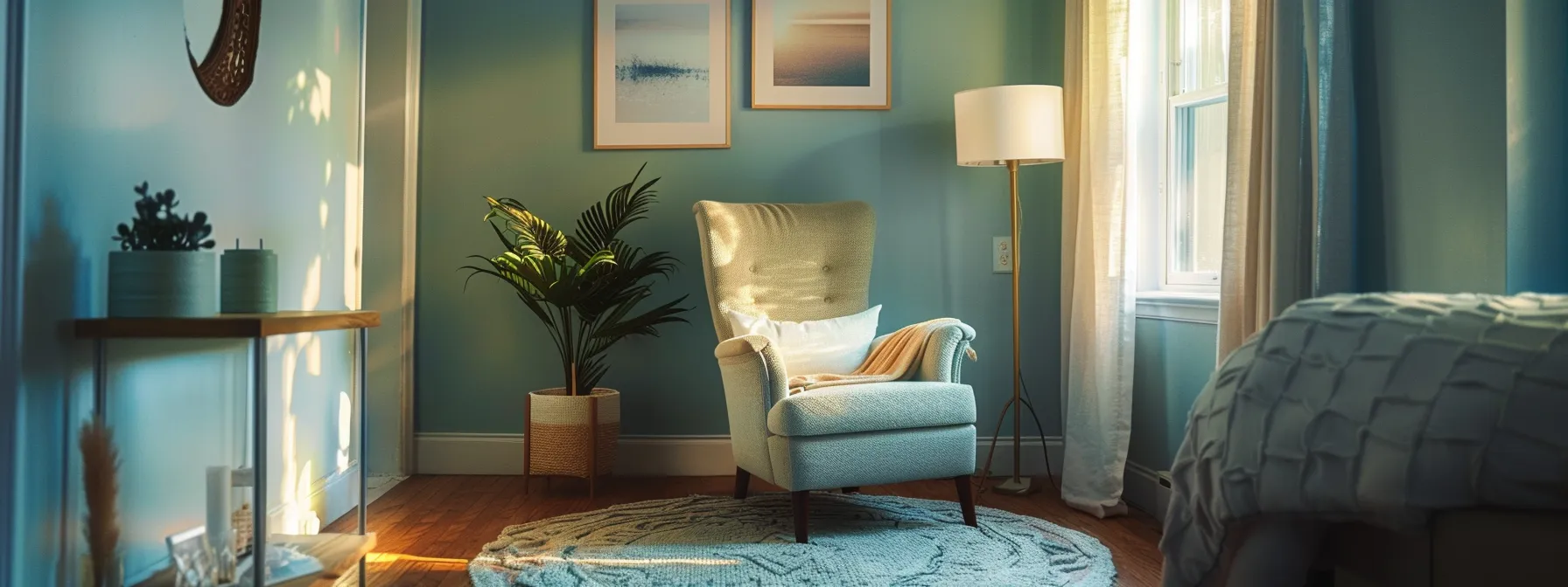 a welcoming therapy room in greater boston, featuring a comfortable armchair and soft, ambient lighting, symbolizes hope and emotional support as a person sits pensively, surrounded by calming blue and pastel accents that convey healing and resilience in anxiety therapy.