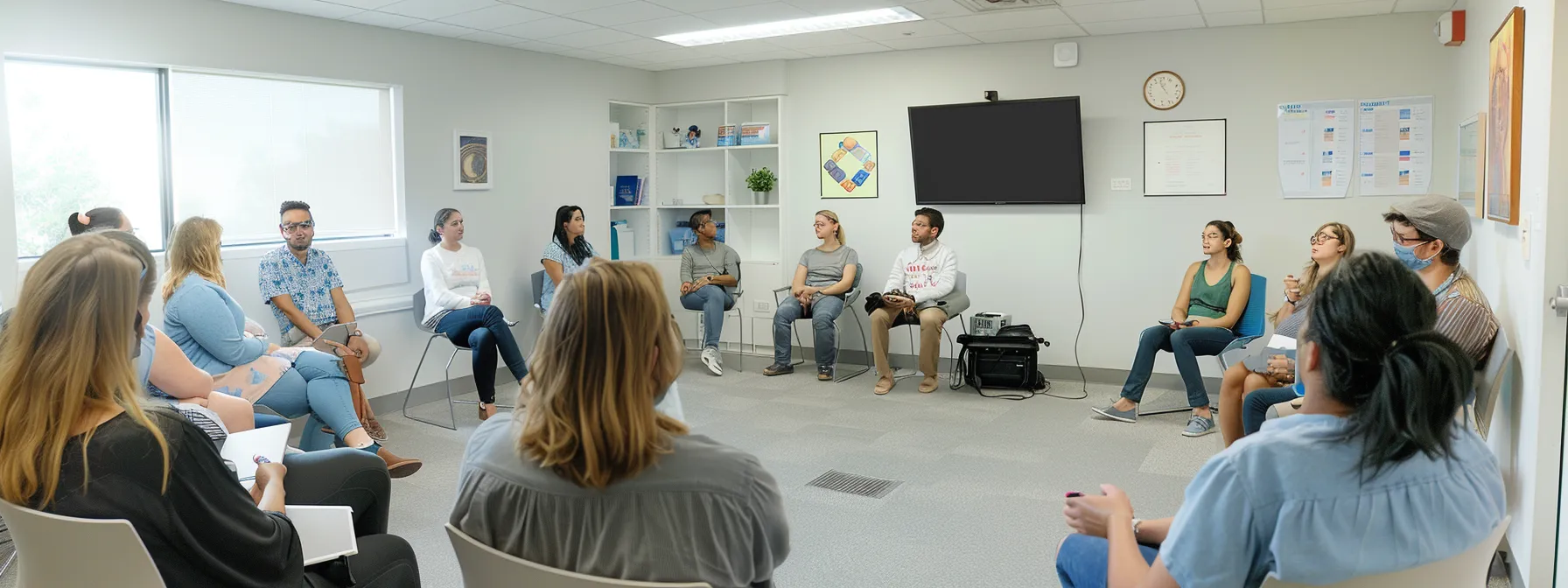 an empathetic support group session set in a modern clinical office, featuring a diverse group of individuals engaged in a discussion about anxiety, with calming pastel tones throughout the room symbolizing hope and emotional well-being.