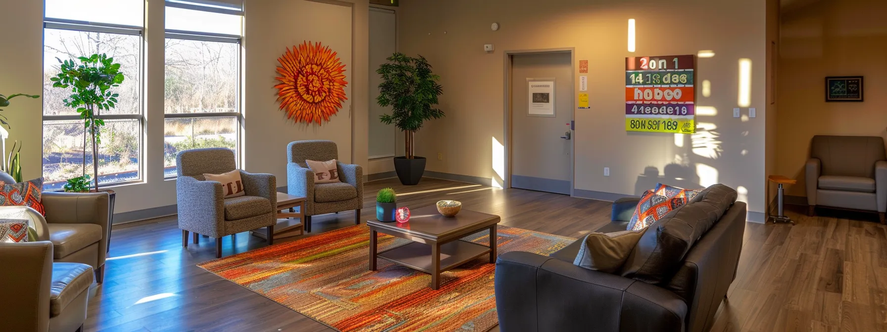 an intimate support group session unfolds in a softly lit, modern office space, where individuals share their recovery journeys surrounded by motivational quotes and comforting decor that fosters a sense of hope and connection.