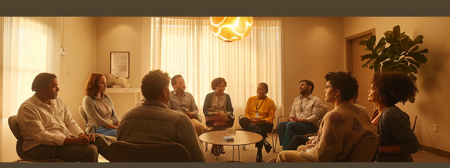 in a warmly lit therapy room, a diverse group of individuals sits in a supportive circle, engaging in heartfelt conversation, with visual symbols of healing like a brain and heart subtly integrated into the calming decor, embodying compassion and hope in mental health treatment.